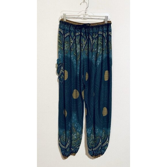Earthbound Trading Pants Womens XXL Blue Green Paisley Floral Jogger Boho Harem - Picture 1 of 6